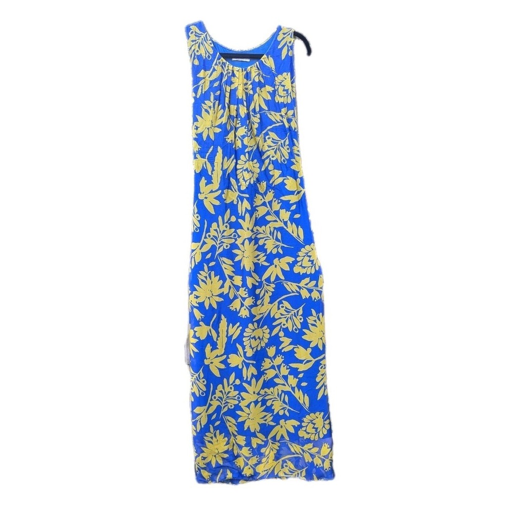 L Women Rosemarine Sleeveless Silk Blend Blue Yellow Floral Dress Maxi Flowy Tie - Picture 2 of 9